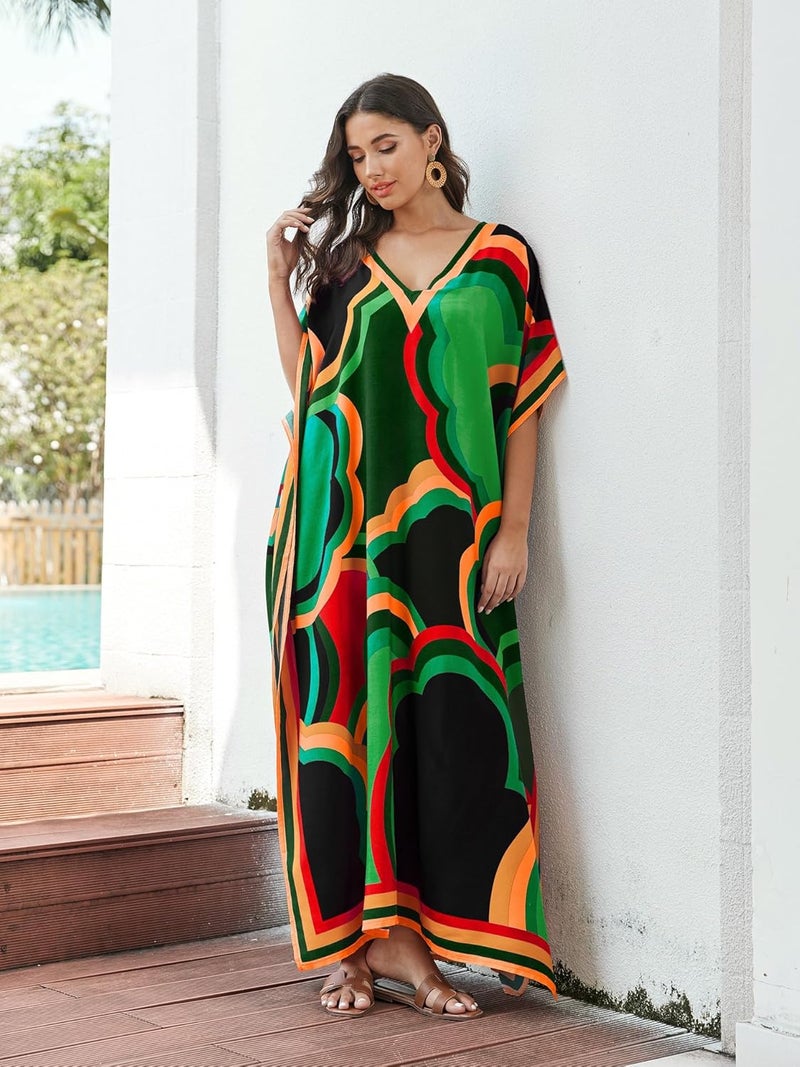 IMAGEKOPE Women's Plus Size Loose Fit Moroccan Print V-Neck Batwing Kaftan Beach Dress Bathing Suit Cover Up - Image 2